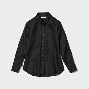 UNIQLO PREMIUM 100% LINEN LONG SLEEVE BUTTON DOWN SHIRT XS BLACK NWOT